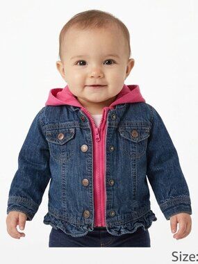 Arizona Infant Girl's Ruffled Denim with Pink Hoodie Jacket - 6-9M